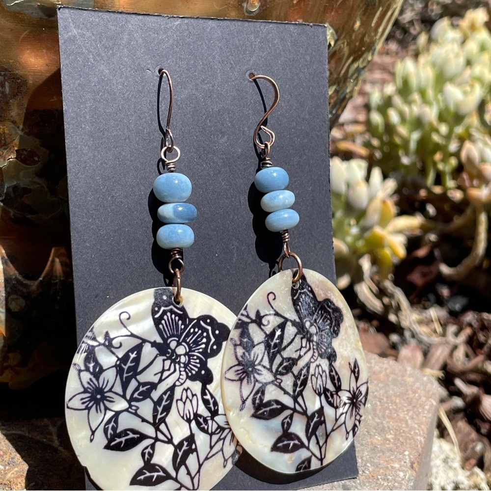 Blue Opal And Butterfly Seashell Copper Dangling Earrings - Picture 7 of 9